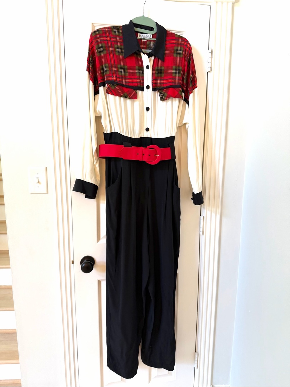 Rare find 1980’s Vintage Menu Red Plaid & Black Jumpsuit with Red Belt-